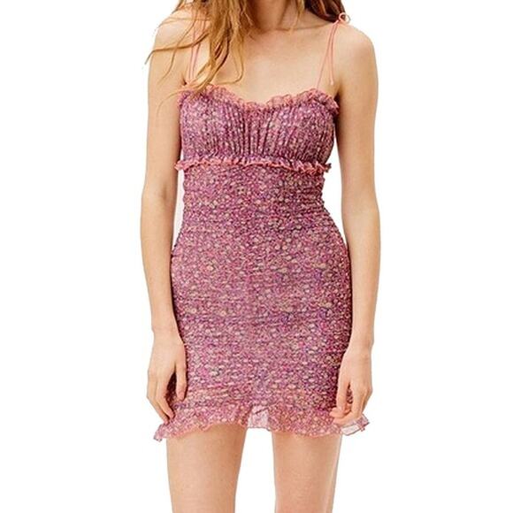 For Love & Lemons Nadia Floral Sheer Slip Mini Dress Pink Women’s L - Picture 1 of 7